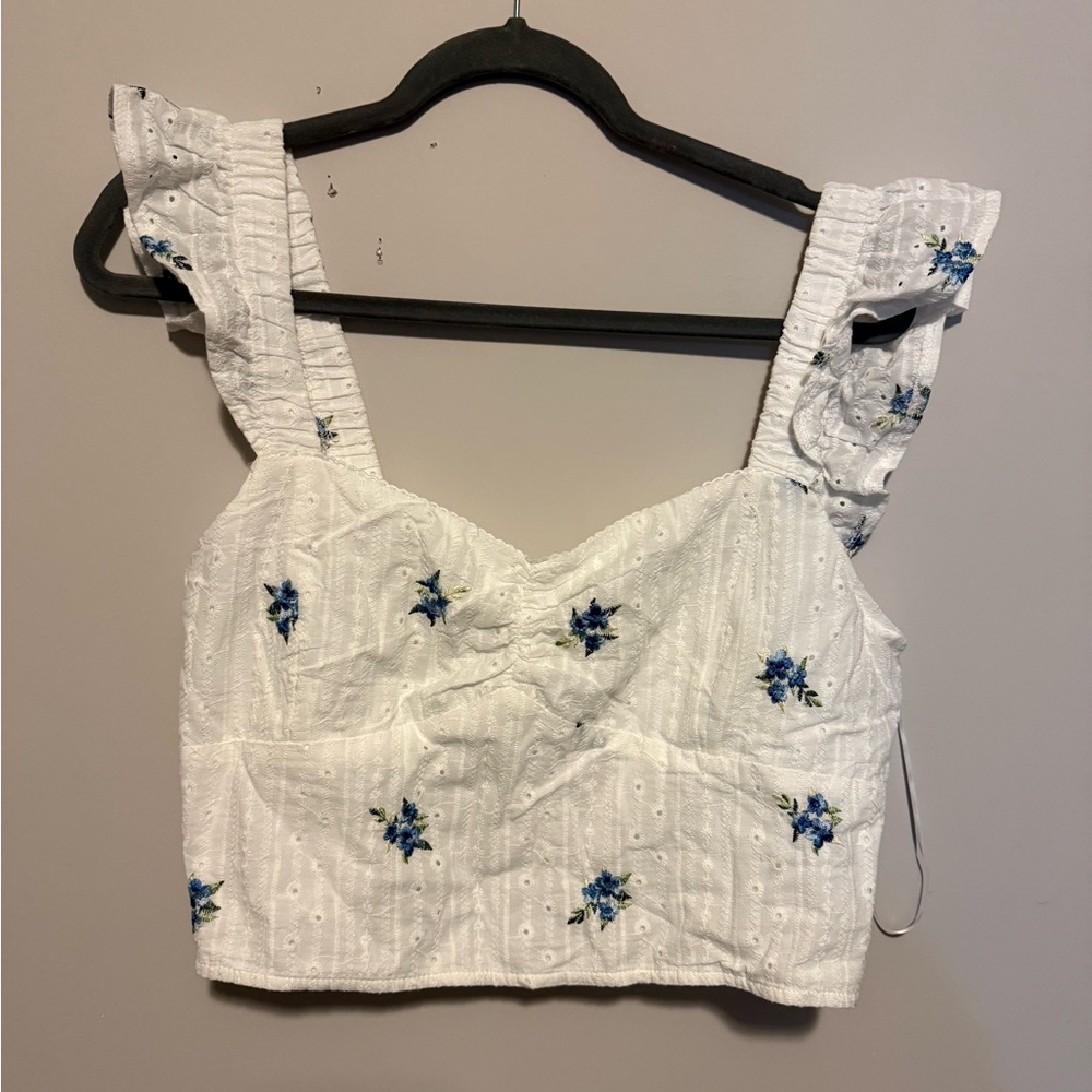 White Crop Top with Blue Embroidery
